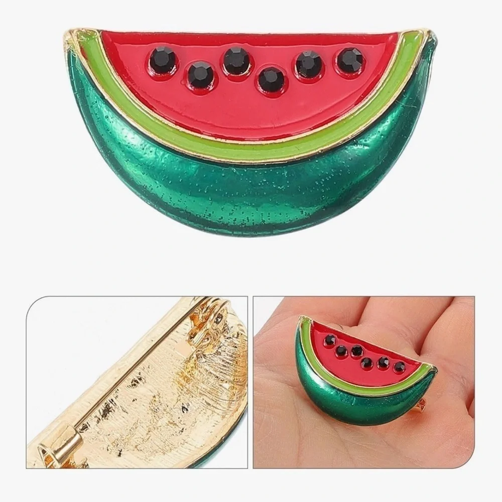 Watermelon Brooch Pin with Fashion Gemstones, Pink, Green, Black